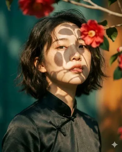 Elegant Asian Woman in Cheongsam with Camellias #cinematic #fineart