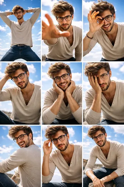 Sunlit Fashion Collage: Male Model in Beige Henley and Denim #fashion #grid