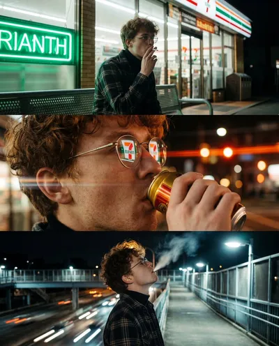 Nocturnal Urban Triptych with Redhead in Glasses #cinematic #night