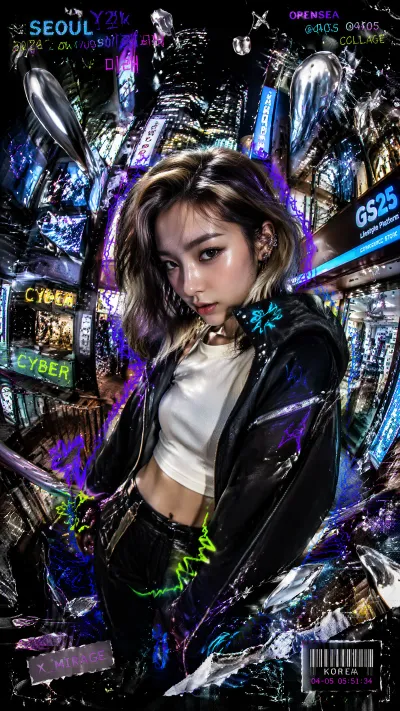 Cyber Street Girl with Glowing Graffiti Lines #cyberpunk #Y2K #streetstyle