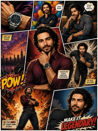 Comic-book Poster with Multiple Panels Featuring a Young Man's Various Poses and Moods #comicbook #dynamic