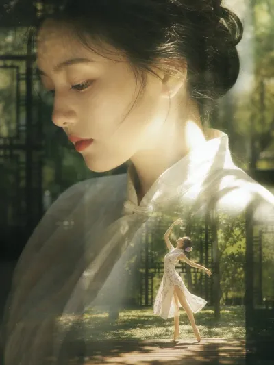 Film Soft Focus Double Exposure: Woman in White and Dancer in Garden #filmstyle #doubleexposure #chinesegarden