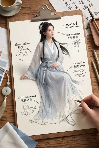 Hanfu Fashion Design Sheet with Watercolor Sketch #hanfu #fashiondesign #watercolor