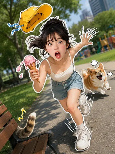 Comic Park Chase with Sticker Style #humor #stickerart