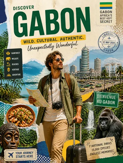 Gabon Travel Poster with Stylish Male Tourist #Gabon #TravelPoster #Editorial